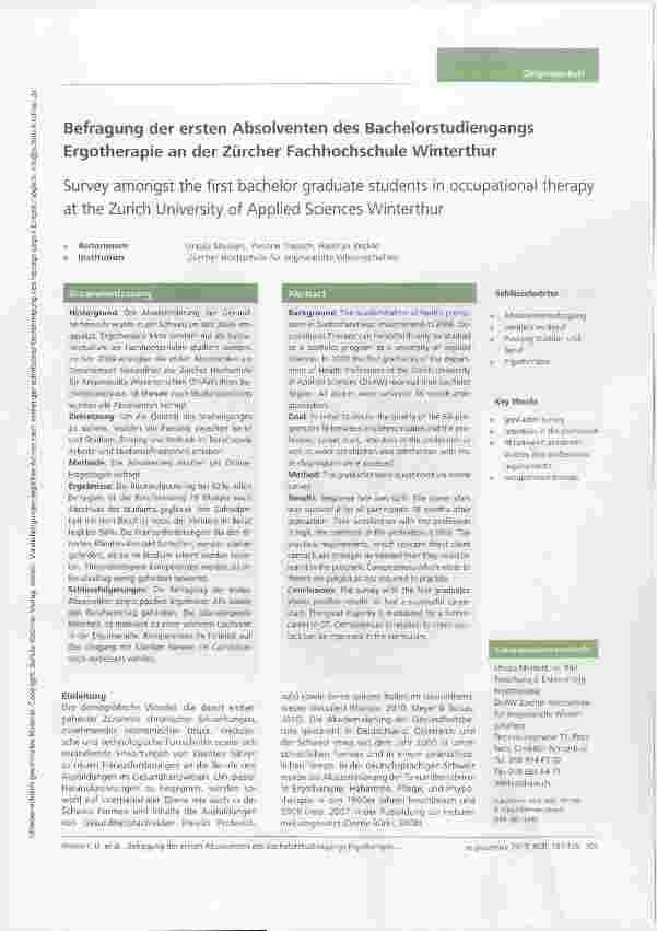 Vorschauseite 1: Befragung der ersten Absolventen des Bachelorstudiengangs Ergotherapie an der Zürcher Fachhochschule Winterthur