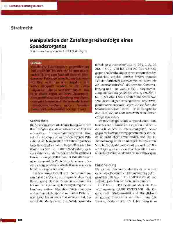 Vorschauseite 1: Manipulation der Zuteilungsreihenfolge eines Spenderorganes OLG Braunschweig vom 20.3.2013 (1 Ws 49/13)