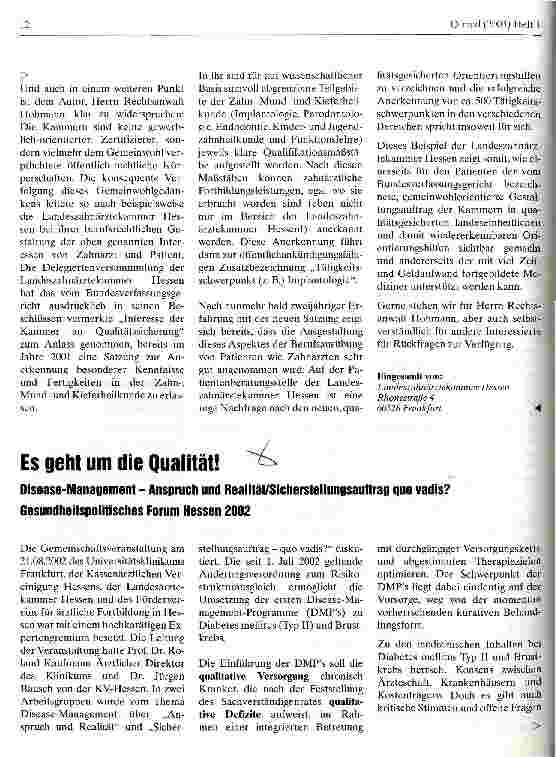 Vorschauseite 1: Es geht um die Qualität! Disease-Management - Anspruch und Realität/Sicherstellungsauftrag quo vadis?