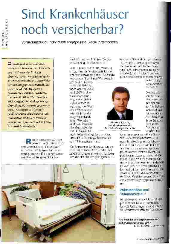 Vorschauseite 1: Sind Krankenhäuser noch versicherbar? Voraussetzung: Individuell angepasste Deckungsmodelle