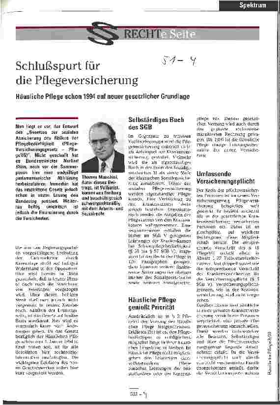 Vorschauseite 1: Schlußspurt für die Pflegeversicherung Häusliche Pflege schon 1994 auf neuer gesetzlicher Grundlage