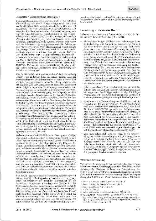 Vorschauseite 2: Urlaubsanspruch bei Wechsel von Vollzeitarbeit in Teilzeitarbeit - die „Brandes-Entscheidung des EuGH vom 13. Juni 2013