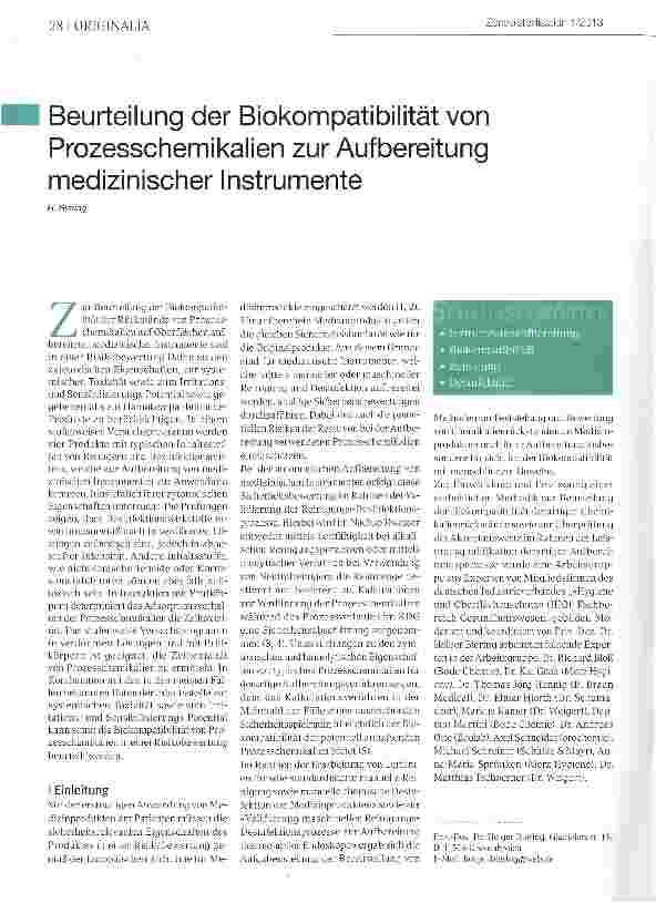 Vorschauseite 1: Beurteilung der Biokompatibilität von Prozesschemikalien zur Aufbereitung medizinischer Instrumente