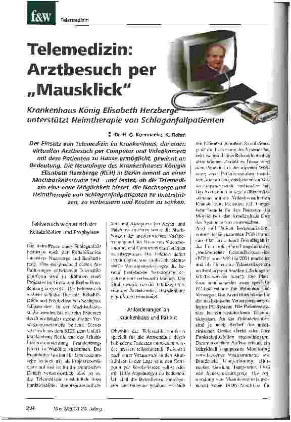 Vorschauseite 1: Telemedizin: Arztbesuch per Mausklick Krankenhaus Königin Elisabeth Herzberge unterstützt Heimtherapie von Schlaganfallpatienten