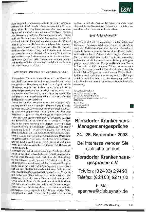Vorschauseite 2: Telemedizin: Arztbesuch per Mausklick Krankenhaus Königin Elisabeth Herzberge unterstützt Heimtherapie von Schlaganfallpatienten