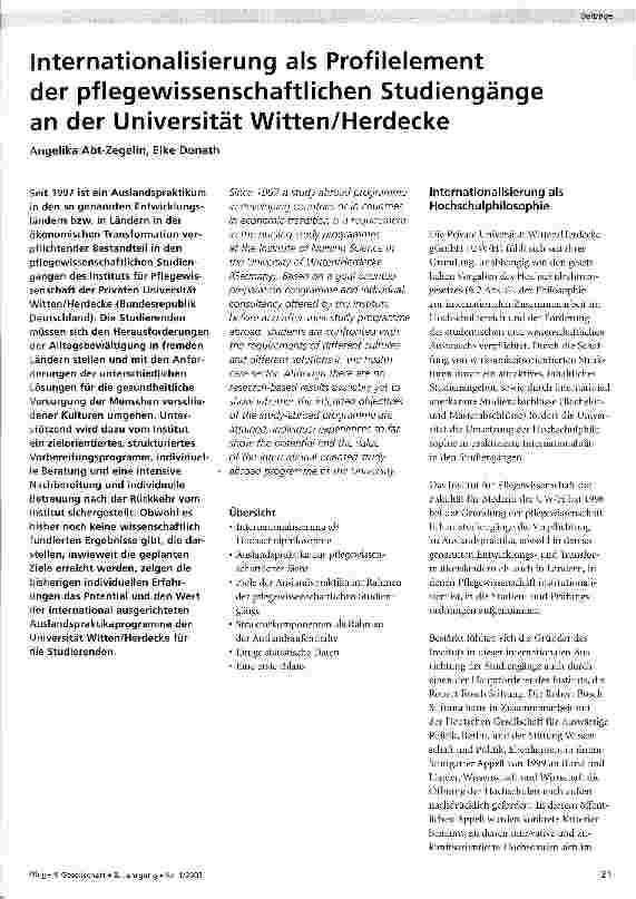 Vorschauseite 1: Internationalisierung als Profilelement der pflegewissenschaftlichen Studiengänge an der Universität Witten/Herdecke