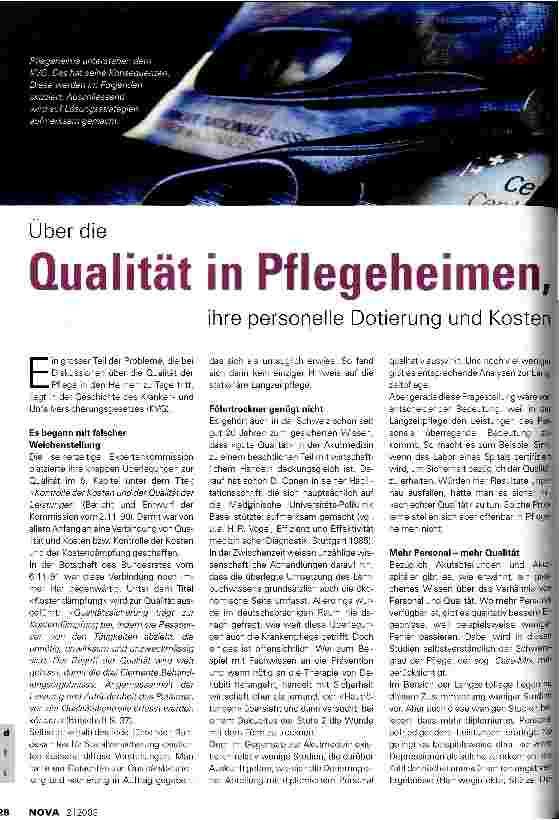Vorschauseite 1: Über die Qualität in Pflegeheimen, ihre personelle Dotierung und Kosten