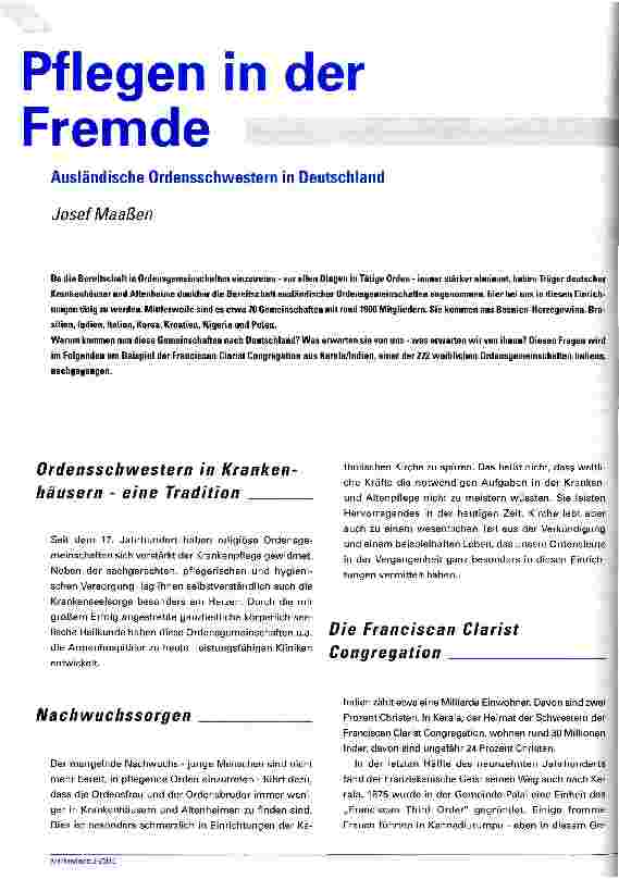 Vorschauseite 1: Pflegen in der Fremde Ausländische Ordensschwestern in Deutschland