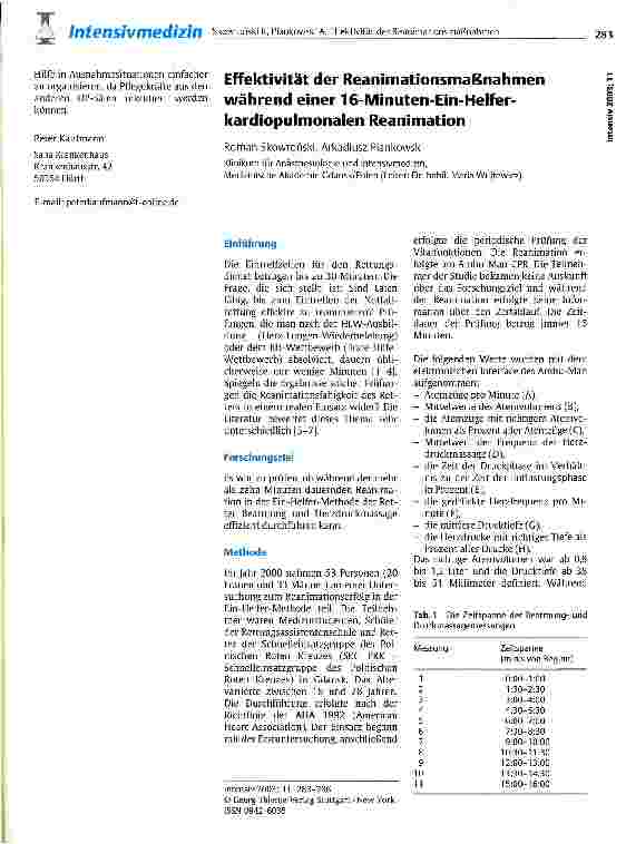 Vorschauseite 1: Effektivität der Reanimationsmaßnahmen während einer 16-Minuten-Ein-Helfer-kardiopulmonalen Reanimation