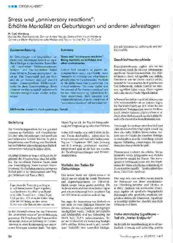Vorschauseite 1: Stress und „cmniversary reactions: Erhöhte Mortalität an Geburtstagen und anderen Jahrestagen