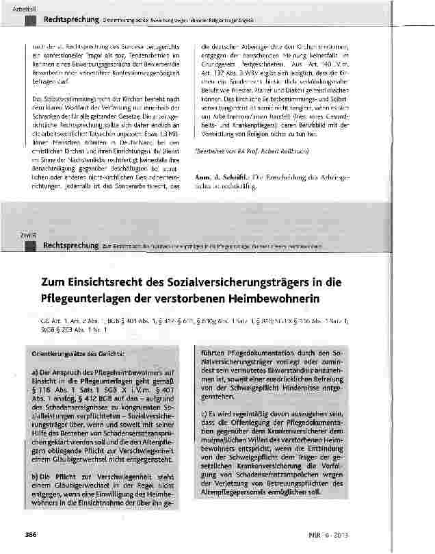 Vorschauseite 1: Zum Einsichtsrecht des Sozialversicherungsträgers in die Pflegeunterlagen der verstorbenen Heimbewohnerin GGArt. 1, Art. 2 Abs. 1; BGB § 401 Abs. 1, § 412, § 611, § 630g Abs. 3 Sa…