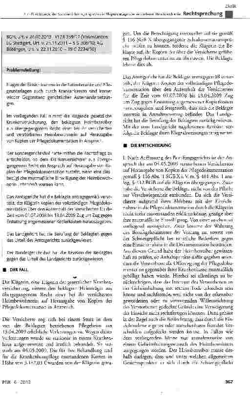 Vorschauseite 2: Zum Einsichtsrecht des Sozialversicherungsträgers in die Pflegeunterlagen der verstorbenen Heimbewohnerin GGArt. 1, Art. 2 Abs. 1; BGB § 401 Abs. 1, § 412, § 611, § 630g Abs. 3 Sa…