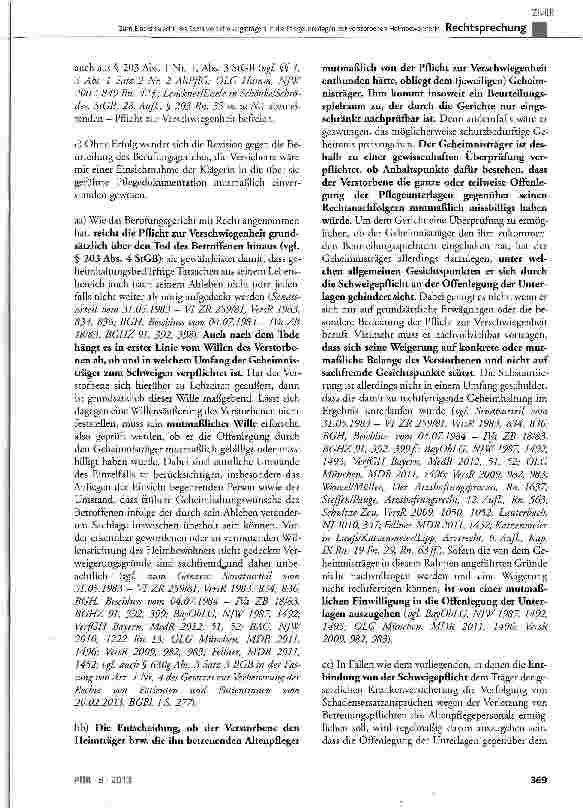 Vorschauseite 4: Zum Einsichtsrecht des Sozialversicherungsträgers in die Pflegeunterlagen der verstorbenen Heimbewohnerin GGArt. 1, Art. 2 Abs. 1; BGB § 401 Abs. 1, § 412, § 611, § 630g Abs. 3 Sa…