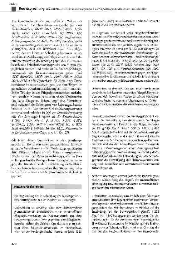 Vorschauseite 5: Zum Einsichtsrecht des Sozialversicherungsträgers in die Pflegeunterlagen der verstorbenen Heimbewohnerin GGArt. 1, Art. 2 Abs. 1; BGB § 401 Abs. 1, § 412, § 611, § 630g Abs. 3 Sa…