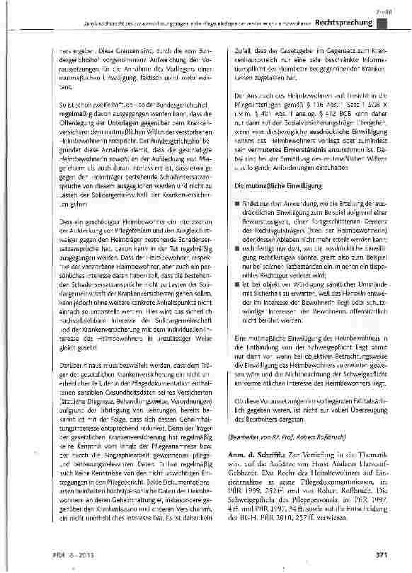 Vorschauseite 6: Zum Einsichtsrecht des Sozialversicherungsträgers in die Pflegeunterlagen der verstorbenen Heimbewohnerin GGArt. 1, Art. 2 Abs. 1; BGB § 401 Abs. 1, § 412, § 611, § 630g Abs. 3 Sa…