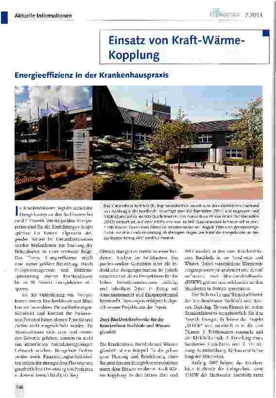 Vorschauseite 1: Einsatz von Kraft-Wärme-Kopplung Energieeffizienz in der Krankenhauspraxis