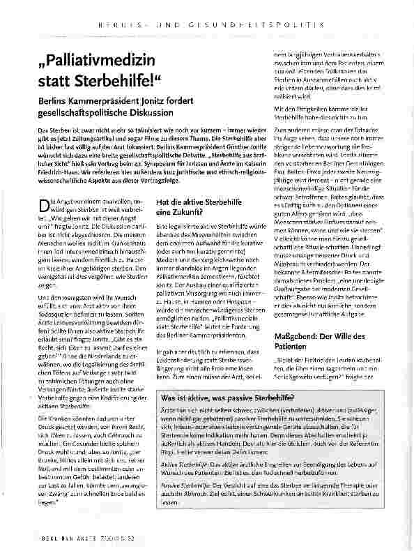Vorschauseite 1: „Palliativmedizin statt Sterbehilfe!