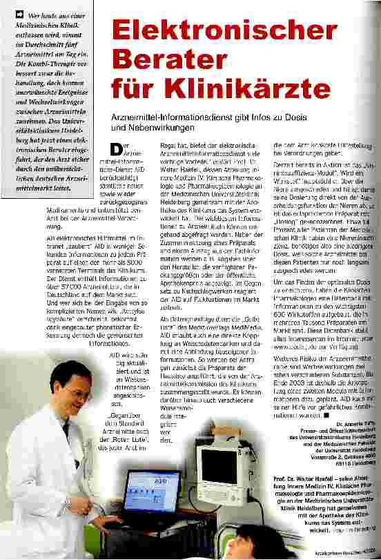 Vorschauseite 1: Elektronischer Berater für Klinikärzte Arzneimittel-Informationsdienst gibt Infos zu Dosis und Nebenwirkungen