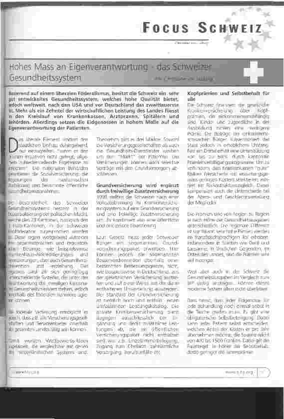 Vorschauseite 1: Hohes Mass am Eigenverantwortung - das Schweizer Gesundheitssystem