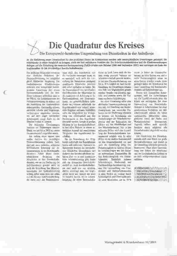 Vorschauseite 1: Die Quadratur des Kreises Die Europarecht-konforme Umgestaltung von Dienstzeiten in der Anästhesie