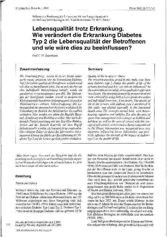 Vorschauseite 1: Lebensqualität trotz Erkrankung. Wie verändert die Erkrankung Diabetes Typ 2 die Lebensqualität der Betroffenen und wie wäre dies zu beeinflussen?