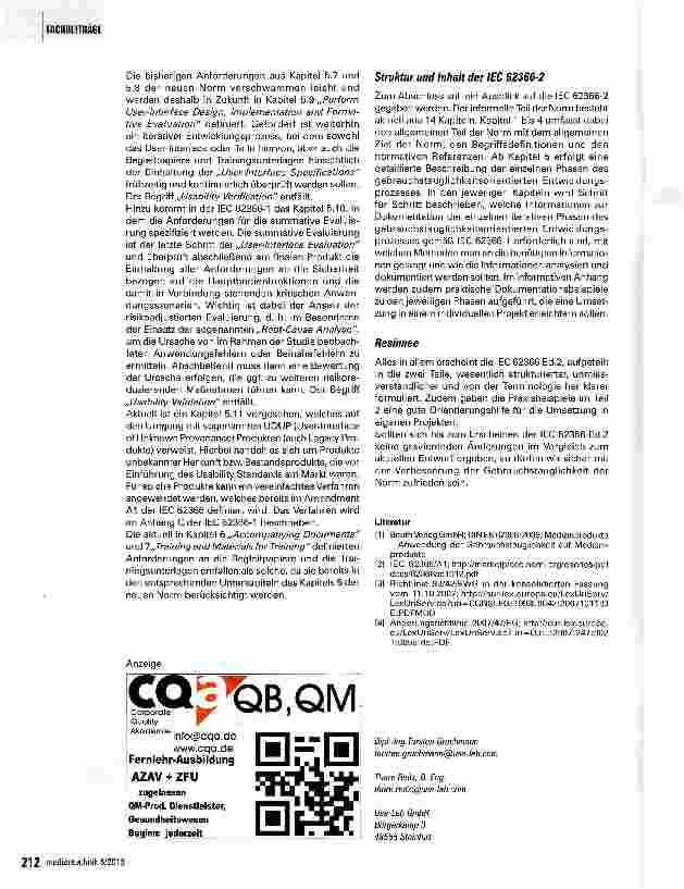 Vorschauseite 4: Neue IEC 62366 „Medizinprodukte Anwendung der Gebrauchstauglichkeit auf Medizinprodukte