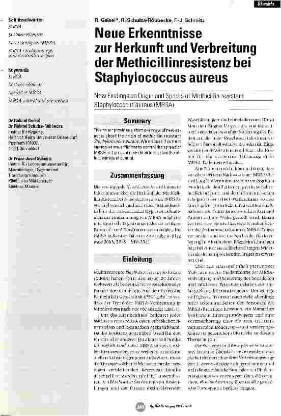 Vorschauseite 1: Neue Erkenntnisse zur Herkunft und Verbreitung der Methicillinresistenz bei Staphylococcus aureus