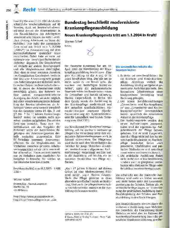Vorschauseite 1: Bundestag beschließt modernisierte Krankenpflegeausbildung Neues Krankenpflegegesetz tritt am 1.1.2004 in Kraft!