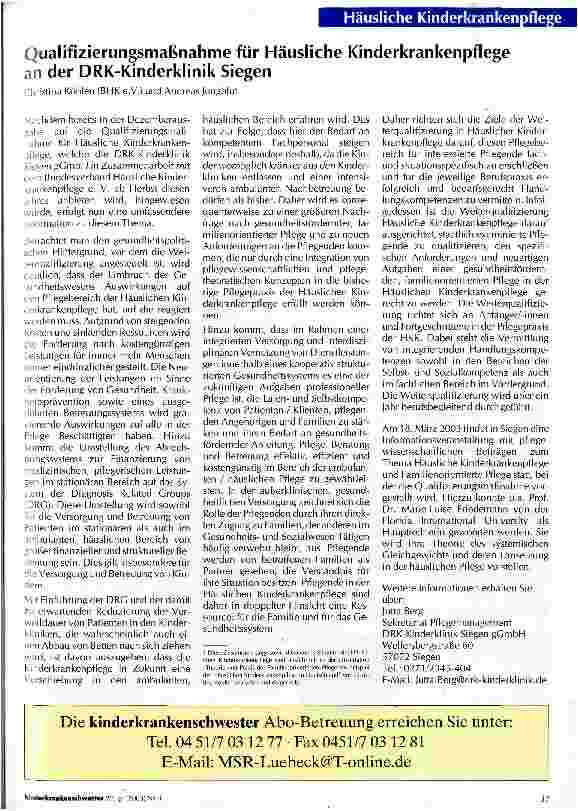 Vorschauseite 1: Qualifizierungsmaßnahme für Häusliche Kinderkrankenpflege an der DRK-Kinderklinik Siegen