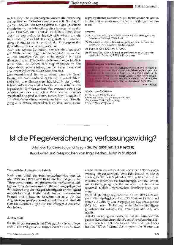 Vorschauseite 1: Ist die Pflegeversicherung verfassungswidrig? Urteil des Bundessozialgerichts vom 28. Mai 2003