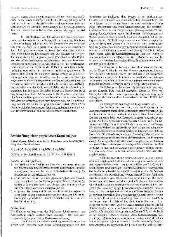 Vorschauseite 1: Amtshaftung einer gesetzlichen Krankenkasse Amtshaftung; falsche mündliche, Kenntnis vom Leistungsum-fang einer Krankenkasse