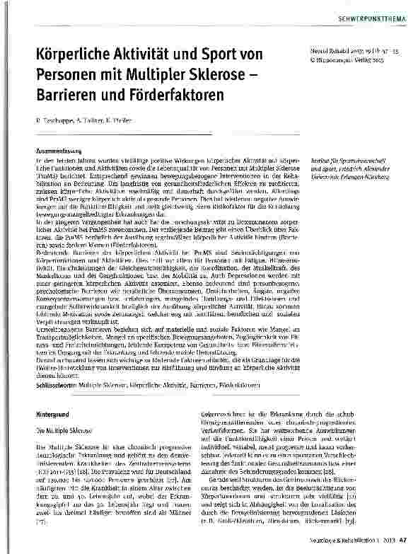 Vorschauseite 1: Körperliche Aktivität und Sport von Personen mit Multipler Sklerose -Barrieren und Förderfaktoren