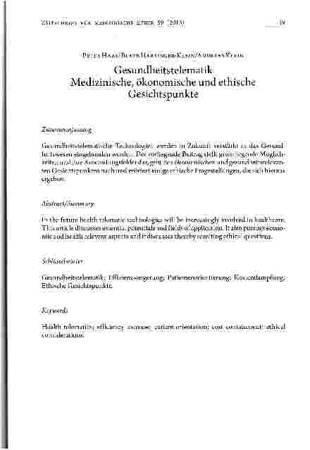 Vorschauseite 1: Gesundheitstelematik Medizinische, ökonomische und ethische Gesichtspunkte