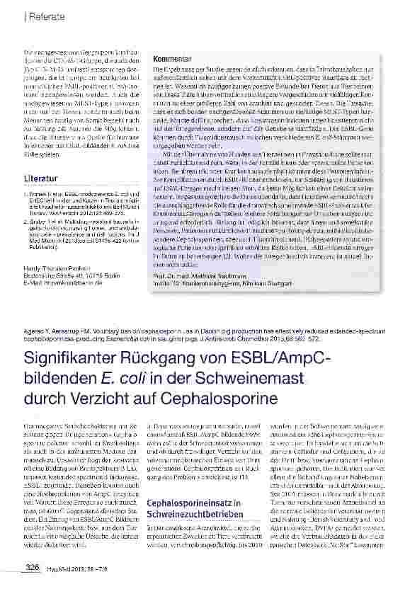 Vorschauseite 1: Signifikanter Rückgang von ESBL/AmpC-bildenden E. coli in der Schweinemast durch Verzicht auf Cephalosporine