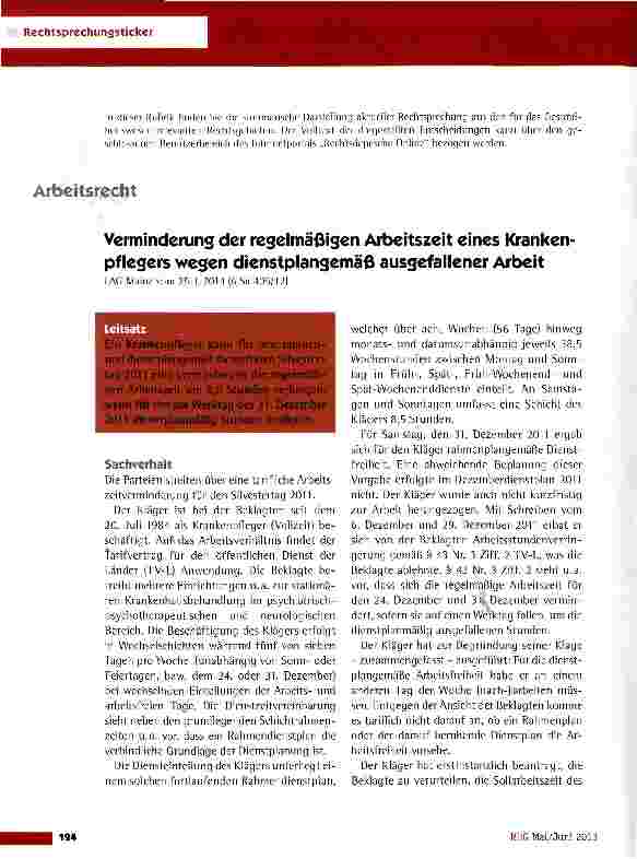 Vorschauseite 1: Verminderung der regelmäßigen Arbeitszeit eines Krankenpflegers wegen dienstplangemäß ausgefallener Arbeit LAG Mainz vom 25. 1. 2013 (6 Sa 405/12)
