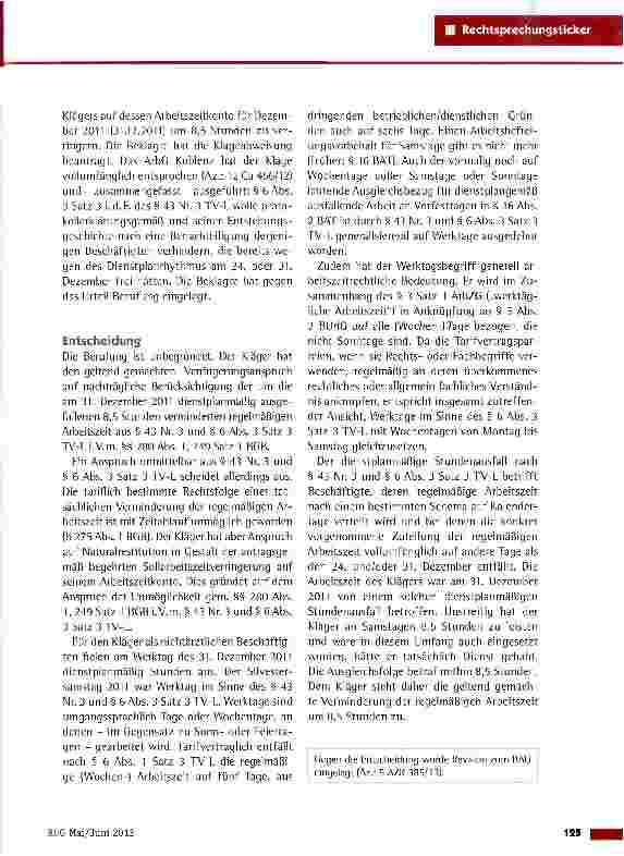 Vorschauseite 2: Verminderung der regelmäßigen Arbeitszeit eines Krankenpflegers wegen dienstplangemäß ausgefallener Arbeit LAG Mainz vom 25. 1. 2013 (6 Sa 405/12)