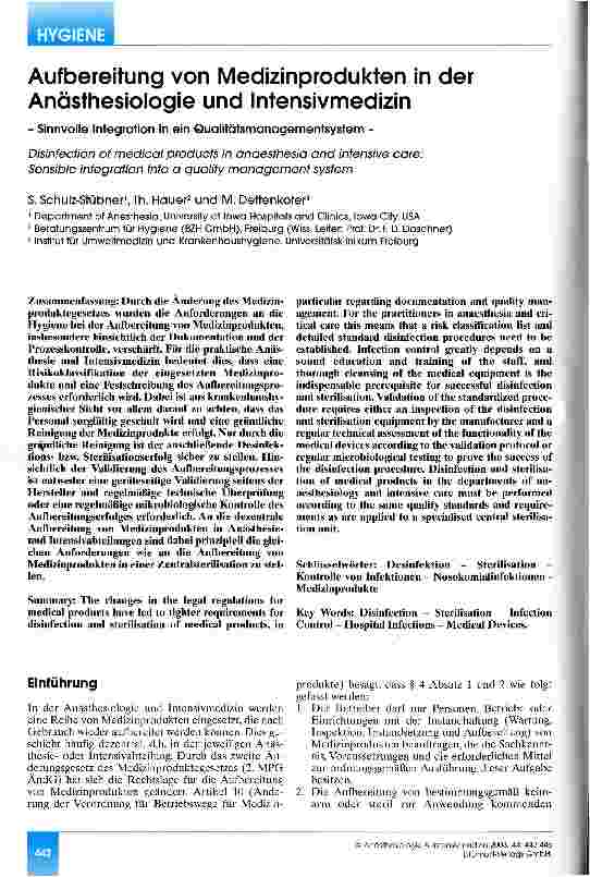 Vorschauseite 1: Aufbereitung von Medizinprodukten in der Anästhesiologie und Intensivmedizin Sinnvolle Integration in ein Qualitätsmanagementsystem
