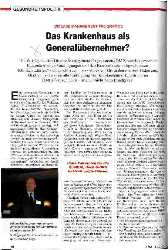Vorschauseite 1: Das Krankenhaus als Generalübernehmer? Disease Management Programme