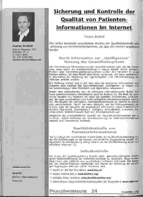 Vorschauseite 1: Sicherung und Kontrolle der Qualität von Patienteninformationen im Internet