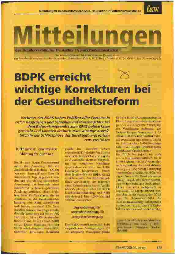Vorschauseite 1: BDPK erreicht wichtige Korrekturen bei der Gesundheitsreform