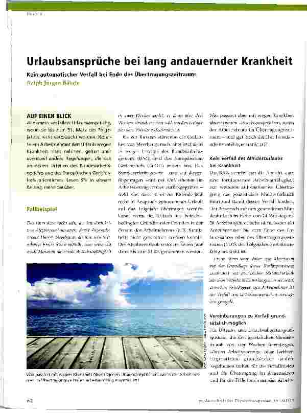 Vorschauseite 1: Urlaubsansprüche bei lang andauernder Krankheit Kein automatischer Verfall bei Ende des Übertragungszeitraums