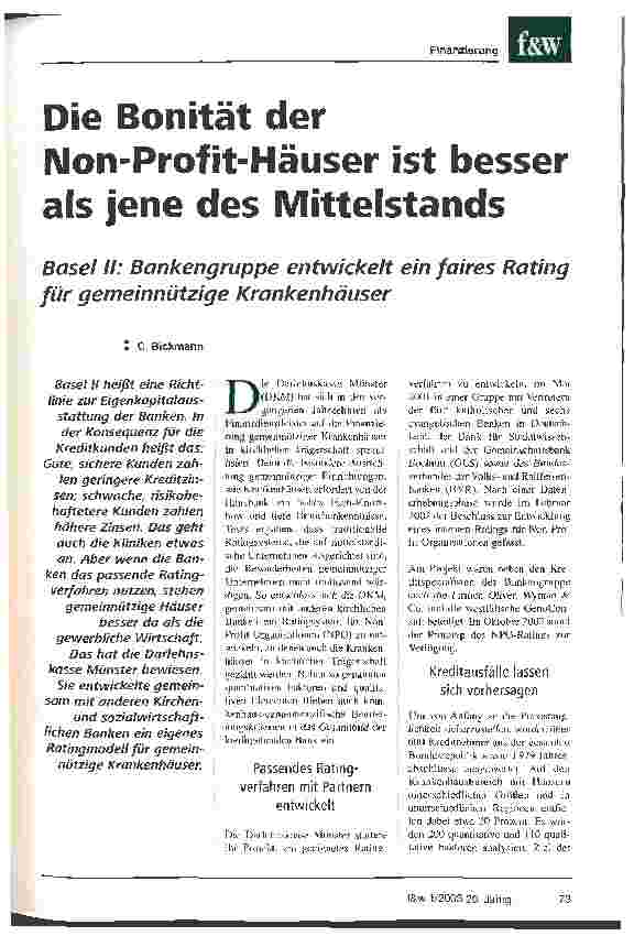 Vorschauseite 1: Die Bonität der Non-Profit-Häuser ist besser als jene des Mittelstands Basel II: Bankengruppe entwickelt ein faires Rating für gemeinnützige Krankenhäuser