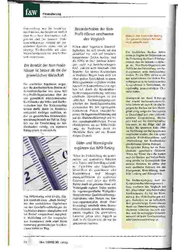 Vorschauseite 2: Die Bonität der Non-Profit-Häuser ist besser als jene des Mittelstands Basel II: Bankengruppe entwickelt ein faires Rating für gemeinnützige Krankenhäuser