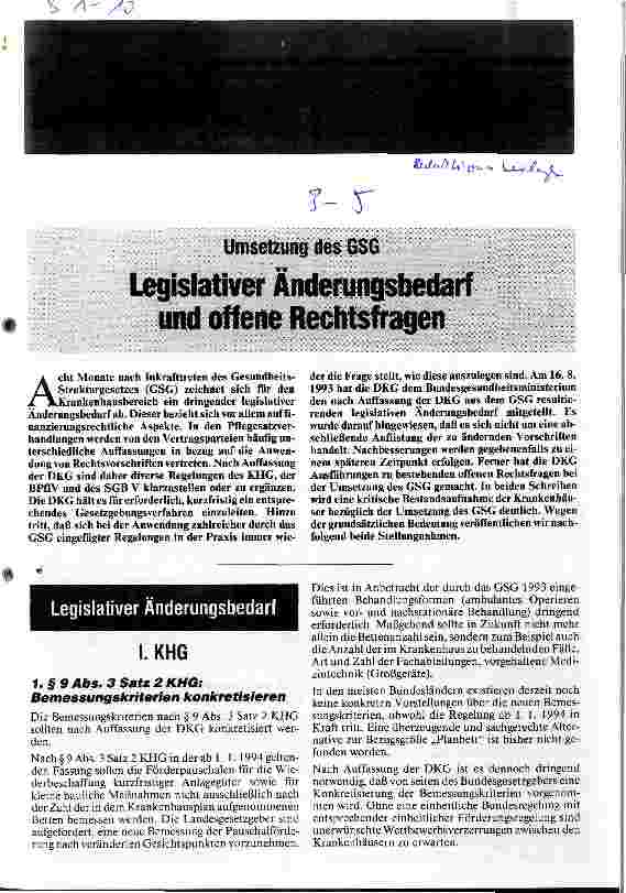 Vorschauseite 1: Legislativer Änderungsbedarf und offene Rechtsfragen Umsetzung des Gesundheitsstrukturgesetzes