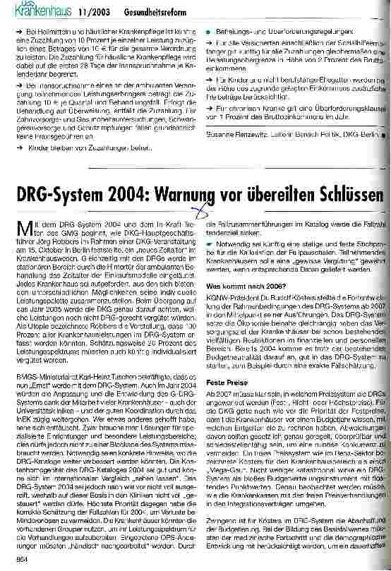 Vorschauseite 1: DRG-System 2004: Warnung vor übereilten Schlüssen