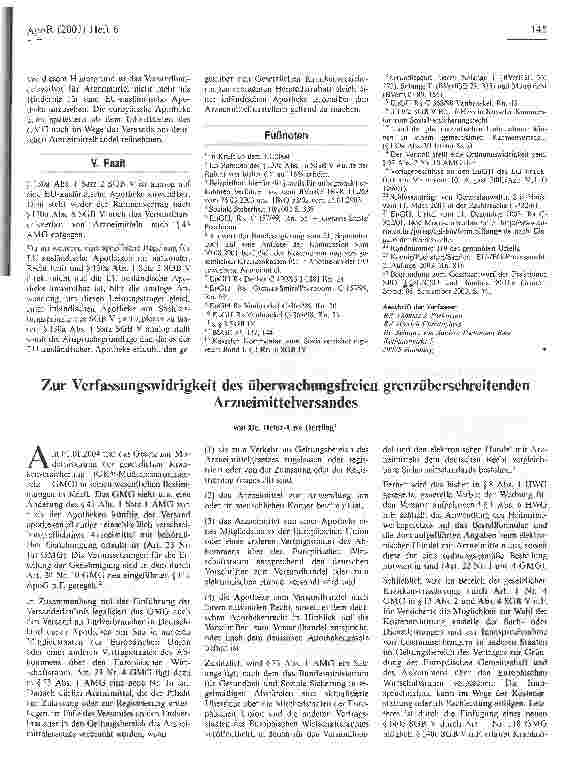 Vorschauseite 1: Zur Verfassungswidrigkeit des überwachungsfreien grenzüberschreitenden Arzneimittelversandes
