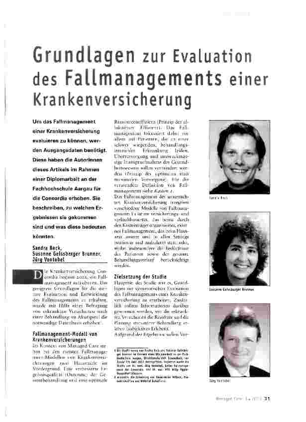 Vorschauseite 1: Grundlagen zur Evaluation des Fallmanagements einer Krankenversicherung