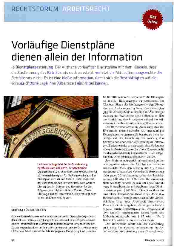 Vorschauseite 1: Vorläufige Dienstpläne dienen allein der Information