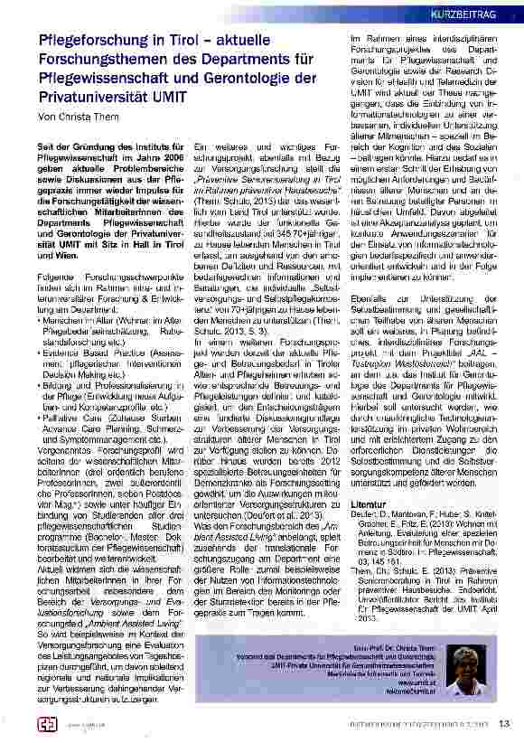 Vorschauseite 1: Pflegeforschung in Tirol - aktuelle Forschungsthemen des Departments für Pflegewissenschaft und Gerontologie der Privatuniversität UMIT