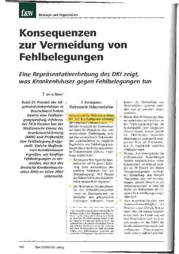 Vorschauseite 1: Konsequenzen zur Vermeidung von Fehlbelegungen Eine Repräsentativerhebung des DKI zeigt, was Krankenhäuser gegen Fehlbelegungen tun